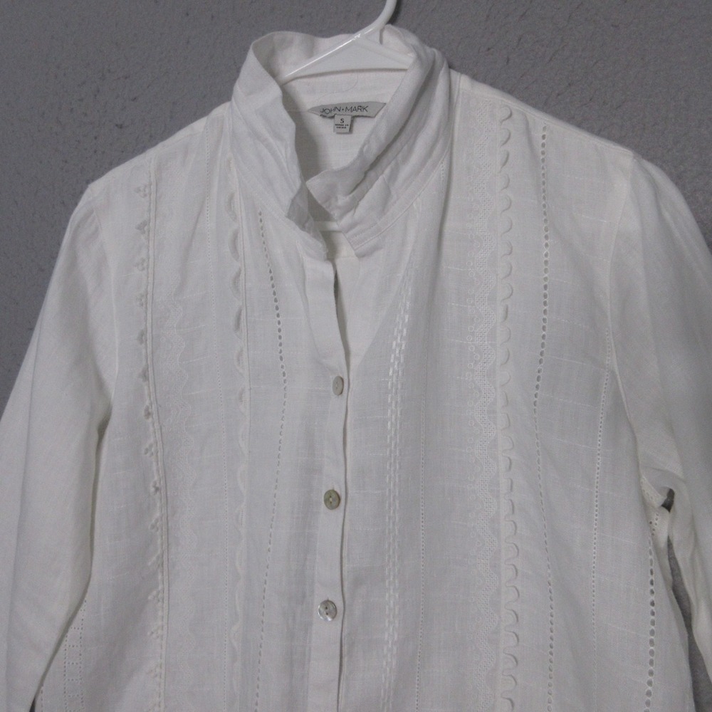 John Mark Top Tunic White Linen Coastal Crochet‎ Scallop Prairie Stand Up Collar